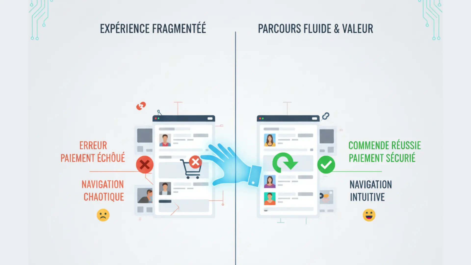 Schéma des 7 leviers UX/UI fondamentaux pour l'optimisation des parcours et la multiplication du taux de conversions.